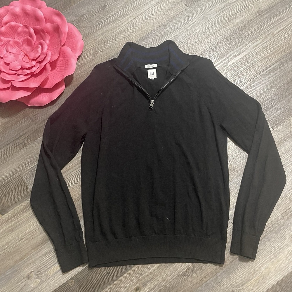 GAP 1/4 Zip Men's Sz‎ M Black 100% Merino Extra Fine Wool Mock Neck 08/19 Preppy